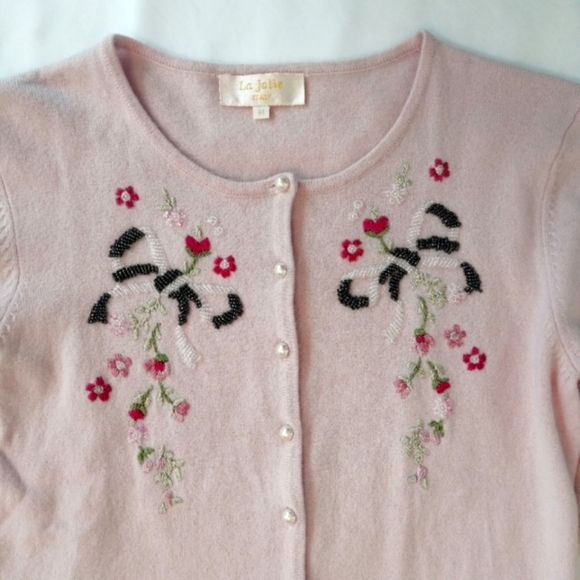 Vintage Italian Merino Wool and Silk Embroidered and Beaded Pink Cardigan Medium - Picture 9 of 15